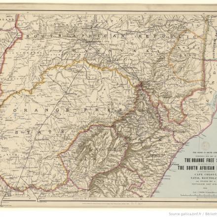 Mappa di Stanford dello Stato Libero di Orange,  la frontiera settentrionale di Cap Colony, Natal, Basutoland. © B. N. F. département Cartes et plans ark_12148_btv1b530298486