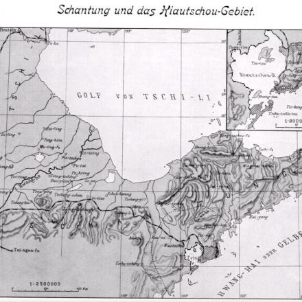 Mappa della penisola dello Shandong che mostra il territorio di Kiautschou (Qingdao) affittato dalla Germania, 1913.  © Wikipedia - Author unknown - public domain 