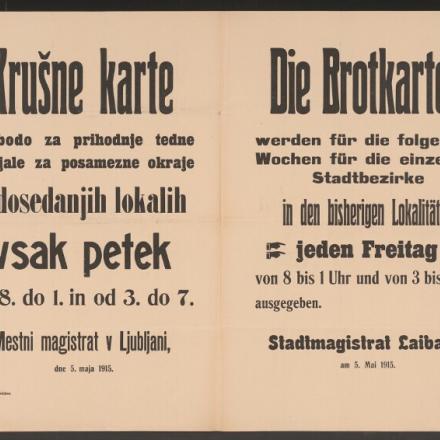 Annuncio multilingue di emissione delle carte del pane. Magistrato della città di Lubiana, 5 maggio 1915. © bildarchivaustria.at_Preview_14268123_jpg
