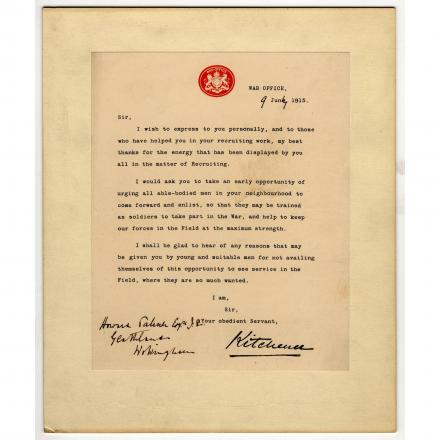Lettera in cui Lord Kitchener ringrazia per il reclutamento dei soldati (9 luglio 1915, © Reading Borough Council)