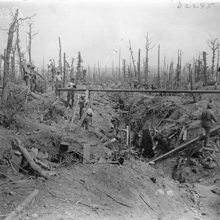 I Royal Engineers posano un tubo per l'acqua su una fossa tedesca a Wytschaete Wood, il 10 giugno 1917.© IWM (Q 6221)