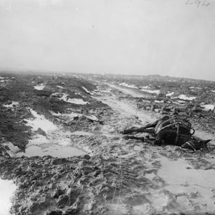 Una pista fangosa attraverso l'ex campo di battaglia, tra Broodseinde e Passchendaele, 11 gennaio 1918. © IWM Q 8424