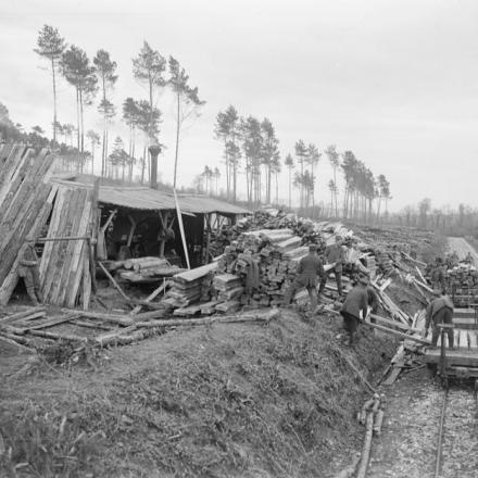 Truppe che caricano legname su un vagone ferroviario leggero nel campo forestale di Brotonne, 22 gennaio 1918 © IWM Q 8503