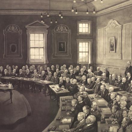Scena della Convenzione irlandese tenutasi al Trinity College di Dublino, in Irlanda, dal luglio 1917 al marzo 1918.  © Photo: National Library of Ireland, PD E17