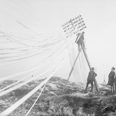 Fili del telegrafo appesantiti dal gelo. Albert, 2 febbraio 1918. © IWM Q 6483