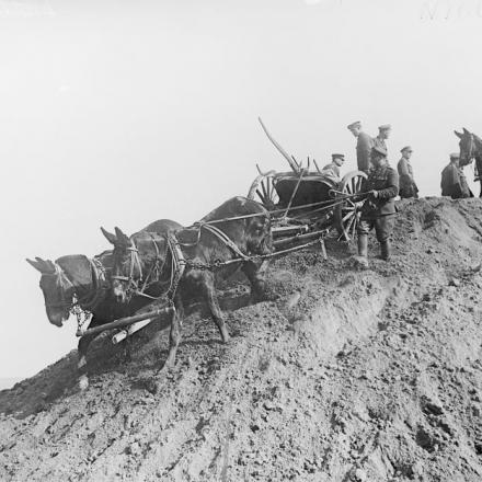 Truppe ferroviarie canadesi che utilizzano "raschiatori" per preparare il terreno durante la costruzione di una ferrovia a Lapugnoy (vicino a Bethune), 11 marzo 1918. © IWM (Q 10732)