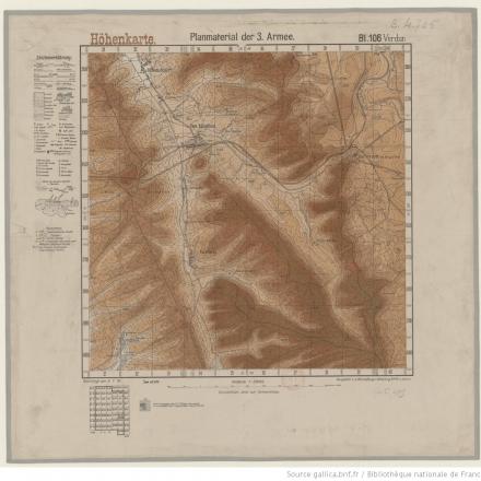 3a Armata tedesca:  mappa altimetrica della zona a ovest di Verdun. 1918. © BNF Gallica -département Cartes et plans, GE C-4705   ark_12148_btv1b53064541f