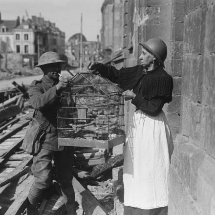 Una anziana francese che sta per lasciare la sua casa ad Amiens, consegna i suoi canarini a un soldato britannico, il 15 maggio 1918. © IWM
