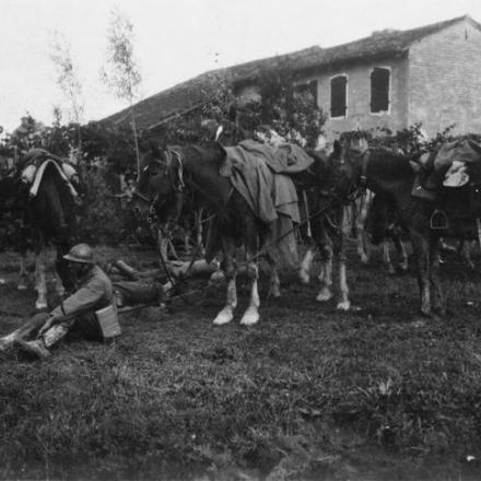 Un reparto di cavalleria italiana che riposa dopo una pattuglia nei pressi di Fornaci, a est di Treviso, nel 1918. © IWM (Q 65235)