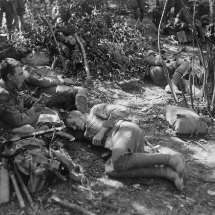 Battaglia di Tardenois. Uomini del 1 ° / 5 ° battaglione, reggimento del Devonshire (62 ° divisione) che riposano nel Bois de Reims, luglio 1918. © IWM (Q 11101)