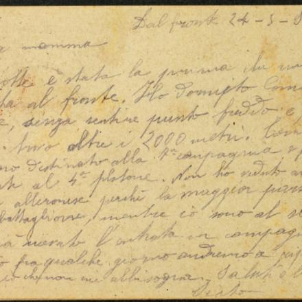 La cartolina postale del 24 marzo 1916 del Ten.Sisto Monti Buzzetti. Fonte: Gruppo L'Espresso e Archivio diaristico nazionale di Pieve Santo Stefano