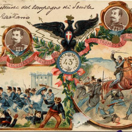 Cartolina dedicata al 43° reggimento fanteria, brigata Forlì. Fonte: ©Museo civico del Risorgimento di Bologna