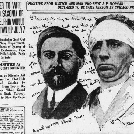 "Fuggitivo dalla giustizia e uomo che ha sparato a J.P Morgan ha dichiarato di essere la stessa persona del professore di Chicago." 7 luglio 1915. © Congress Library - Harrisburg Telegraph