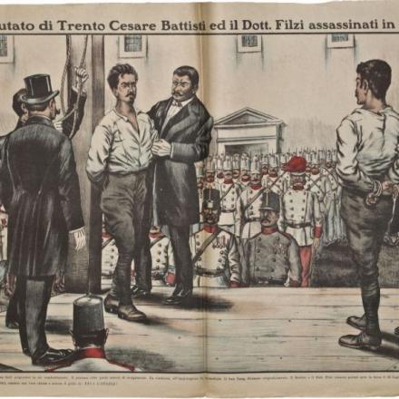 Il deputato di Trento Cesare Battisti ed il dott.Filzi assassinati in Austria. Fonte: Biblioteca Universitaria Alessandrina (Cod.Id.: RML0194460) 