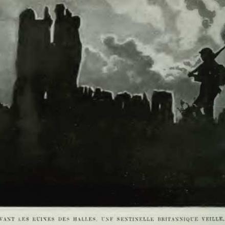 Sentinella davanti alle rovine di Place des Halles, Ypres