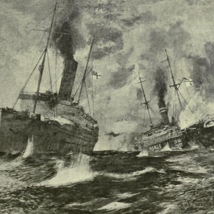 HMS Alcantara e SMS Greif si scontrano - Fonte The Times History and Encyclopaedia of the War Vol XXI 