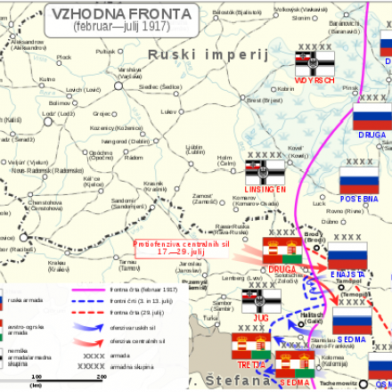 Offensiva di Kerensky: fronte iniziale (lilla) , conquiste a metà luglio ( Blu)  e linea del fronte a fine luglio (in rosso tratteggiato).