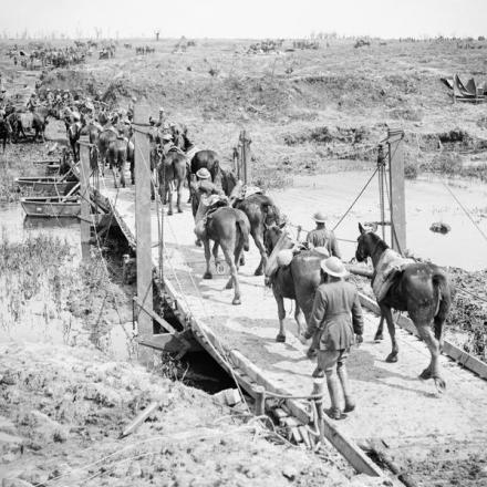 Cavalli carichi di proiettili di artiglieria attraverso un ponte provvisorio sul canale Yser vicino a Boesinghe, il 9 agosto 1917. © IWM (Q 5863)