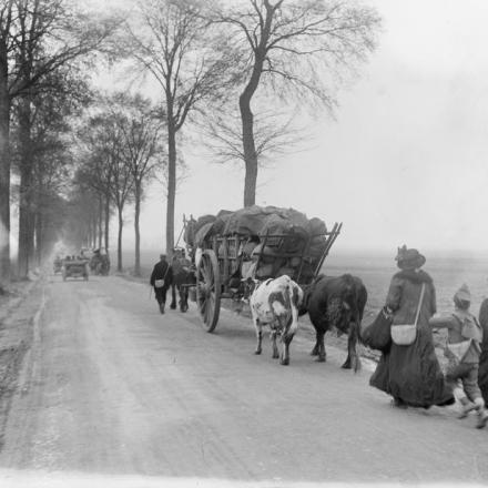 Rifugiati che lasciano Ham con i loro averi caricati su un carro trainato da cavalli e il loro bestiame al seguito, 22 marzo 1918. © IWM Q 10829
