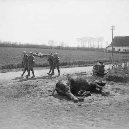 Battaglia di Hazebrouck. Barellieri che riportano indietro un ferito su una strada vicino a Merris, il 12 aprile 1918. © IWM (Q 10292)
