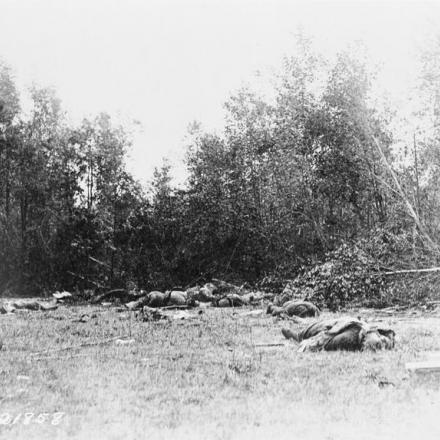 Soldati tedeschi morti accanto alla loro posizione di mortaio ai margini dei boschi a nord di Cierges, il 3 agosto 1918.