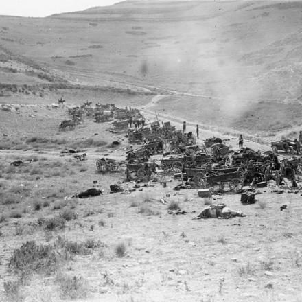 Palestina. La battaglia di Megiddo, 20 settembre 1918: carri e carri armati turchi distrutti da aerei britannici sulla strada Nablus-Beisan.© IWM (Q 12310)
