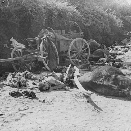 Palestina, battaglia di Damasco. Il blocco di Beirut Road nella gola Barada dal fuoco della 3a e 5a Brigata Australian Light Horse e la cavalleria francese, il 30 settembre 1918. Furono contati 370 morti e tra i rottami c'erano 8 cannoni e 30 mitragliatrici. © IWM (Q 12361)