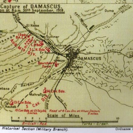 Presa di Damasco: posizioni alle ore 20,00 del 30/09/18. Mappa elaborata nel 1929. Official History of the Great War