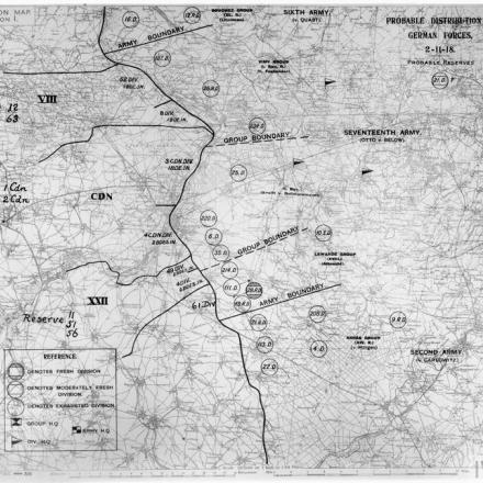 Mappa - probabile distribuzione delle forze tedesche del 2 novembre 1918. © IWM (Q 15992)