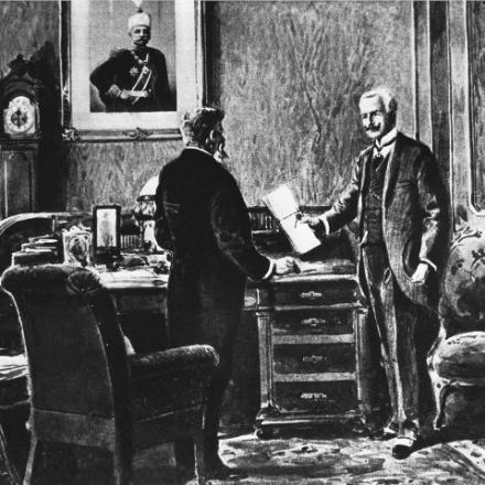 Il barone Giesl von Gieslingen presenta l'ultimatum a Lazar Paču, il ministro facente funzione per gli affari esteri della Serbia