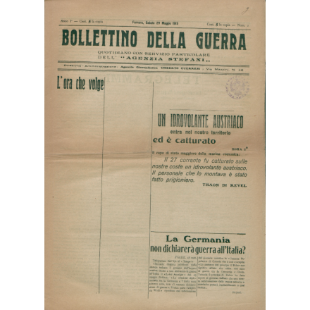 Prima pagina del Bollettino della guerra del 29 maggio 1915