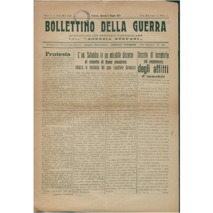 Prima pagina del Bollettino della guerra del 3 giugno 1915