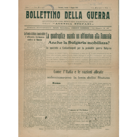 Prima pagina del Bollettino della guerra del 7 giugno 1915