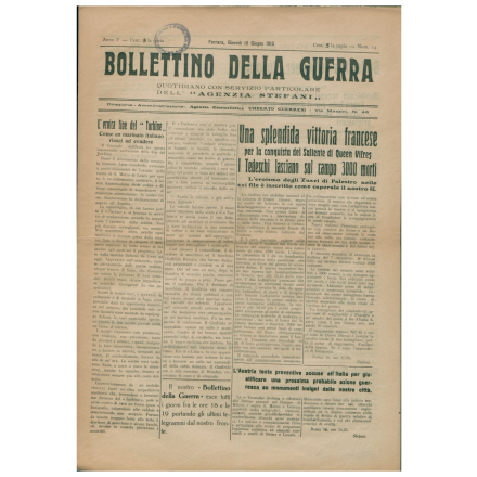 Prima pagina del Bollettino della guerra del 10 giugno 1915