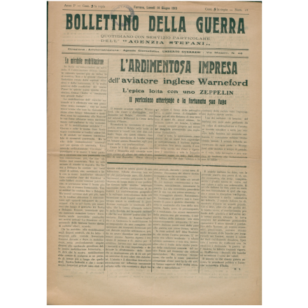 Prima pagina del Bollettino della guerra del 14 giugno 1915