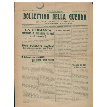 Prima pagina del Bollettino della guerra del 15 giugno 1915