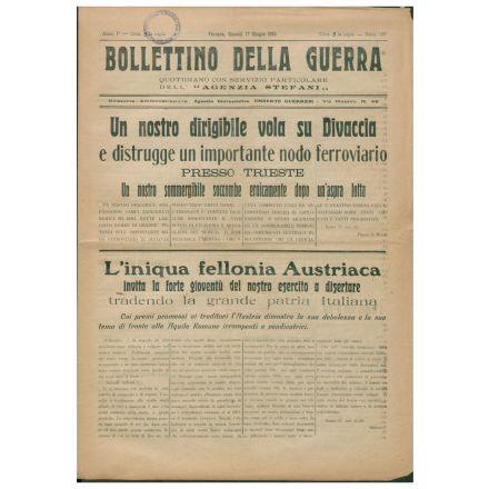 Prima pagina del Bollettino della guerra del 17 giugno 1915