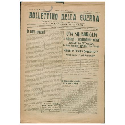 Prima pagina del Bollettino della guerra del 18 giugno 1915