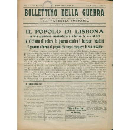 Prima pagina del Bollettino della guerra del 21 giugno 1915