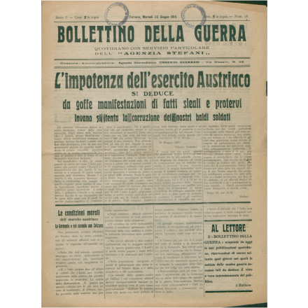 Prima pagina del Bollettino della guerra del 22 giugno 1915