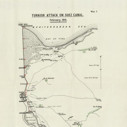 L'attacco turco al canale di Suez.  © Wikipedia - Mappa di C. Falls - G. MacMunn