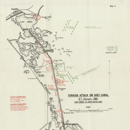 L'attacco turco al canale di Suez. Dal Lago Timsah al Great Bitter Lake. © Wikipedia - Mappa di C. Falls - G. MacMunn