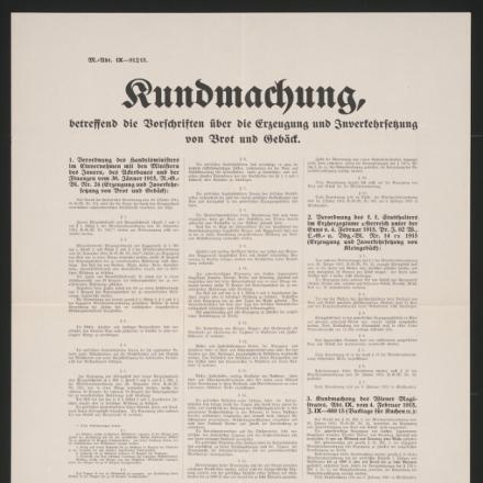 Norme sulla produzione e commercializzazione di pane e dolci - Magistrato di Vienna, 4 febbraio 1915. © bildarchivaustria.at_Preview_14291606_jpg