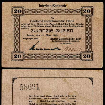 Banca Tedesca dell'Africa Orientale: banconota da 20 Rupie (1915). © National Museum of American History - GEA-45a