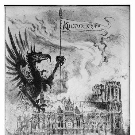 Una vignetta raffigurante la distruzione della cattedrale di Reims