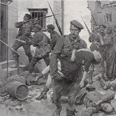 The Sphere, 9 oct. 1915, A scottish regiment in the village of Loos - rescuing a little french maiden, Illustrazione di Fortunino Matania 