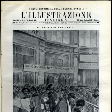 La sottoscrizione al prestito di guerra: l'affollamento nella "hall" del Credito Italiano a Milano. (Dis. di L. Bompard) - L’Illustrazione Italiana