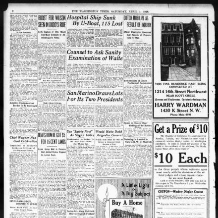 Articolo siluramento nave ospedale Portugal -  Evening star 01 Aprile 1916. Fonte: Library of Congress