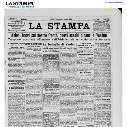 Notizia su trasporto austriaco affondato da sottomarino francese nell'Adriatico - La Stampa 09/04/1916