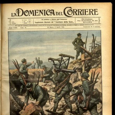 Copertina La  Domenica del Corriere 26/03 - 2/04/1916: Dopo la battaglia: i nostri raccolgono il bottino in una trincea austriaca appena conquistata. (Disegno di A. Beltrame)